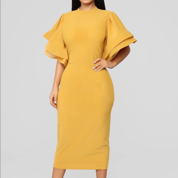 Fashion Nova Dresses & Skirts - Fashion Nova Mustard Yellow Midi Dress with Ruffle Sleeves